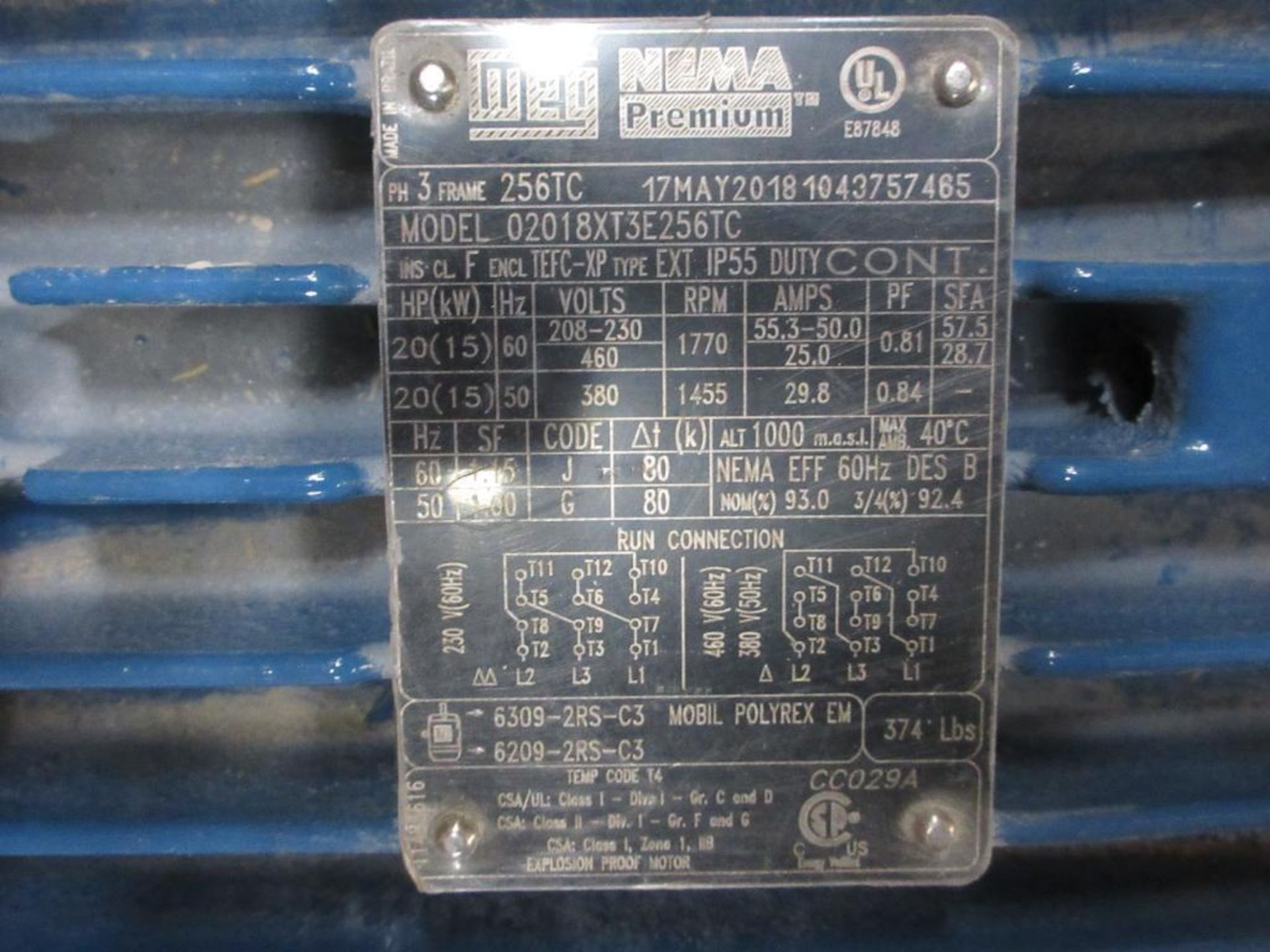 WEG 02018XT3E256TC 20HP 1770RPM 256TC FRAME 3 PHASE ELECTRIC MOTOR (THIS LOT IS FOB CAMARILLO CA) - - Image 2 of 5