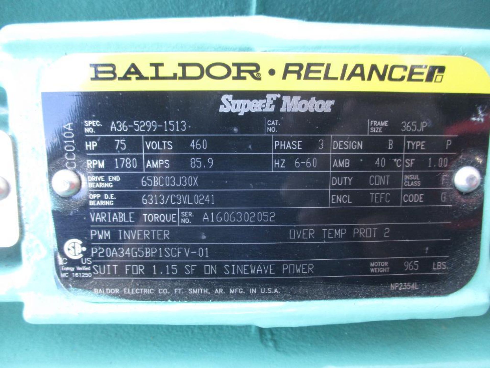 BALDOR-RELIANCE SUPER-E MOTOR A36-5299-1513 75HP 1780RPM FRAME 365JP 3 PHASE ELECTRIC MOTOR 985# LBS - Image 2 of 5
