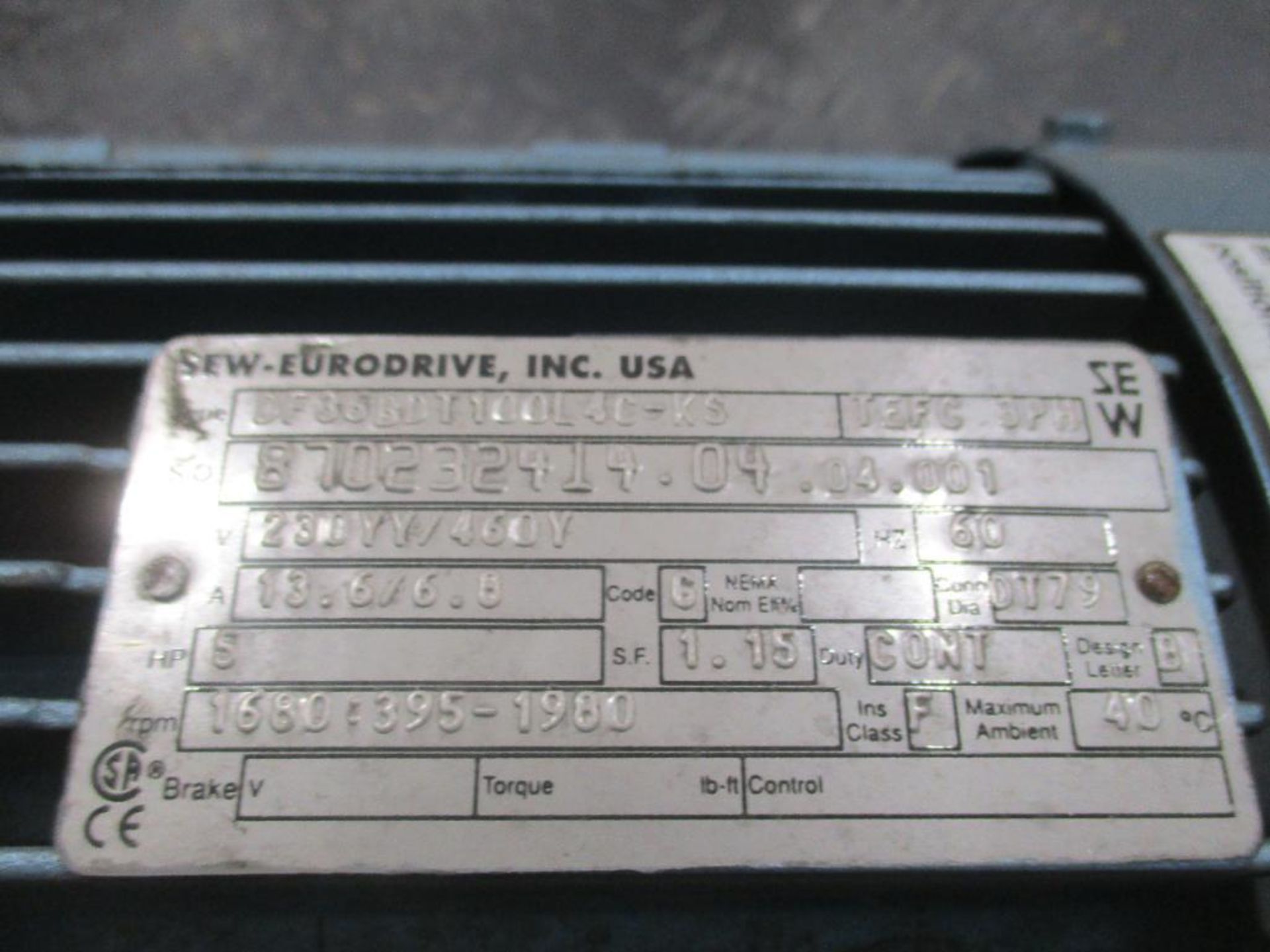 SEW-EURODRIVE 5HP 1680:395-1980RPM GEARMOTOR P/N DF35BDT100L4C-KS, 168# lbs (There will be a $40 Rig - Image 5 of 5