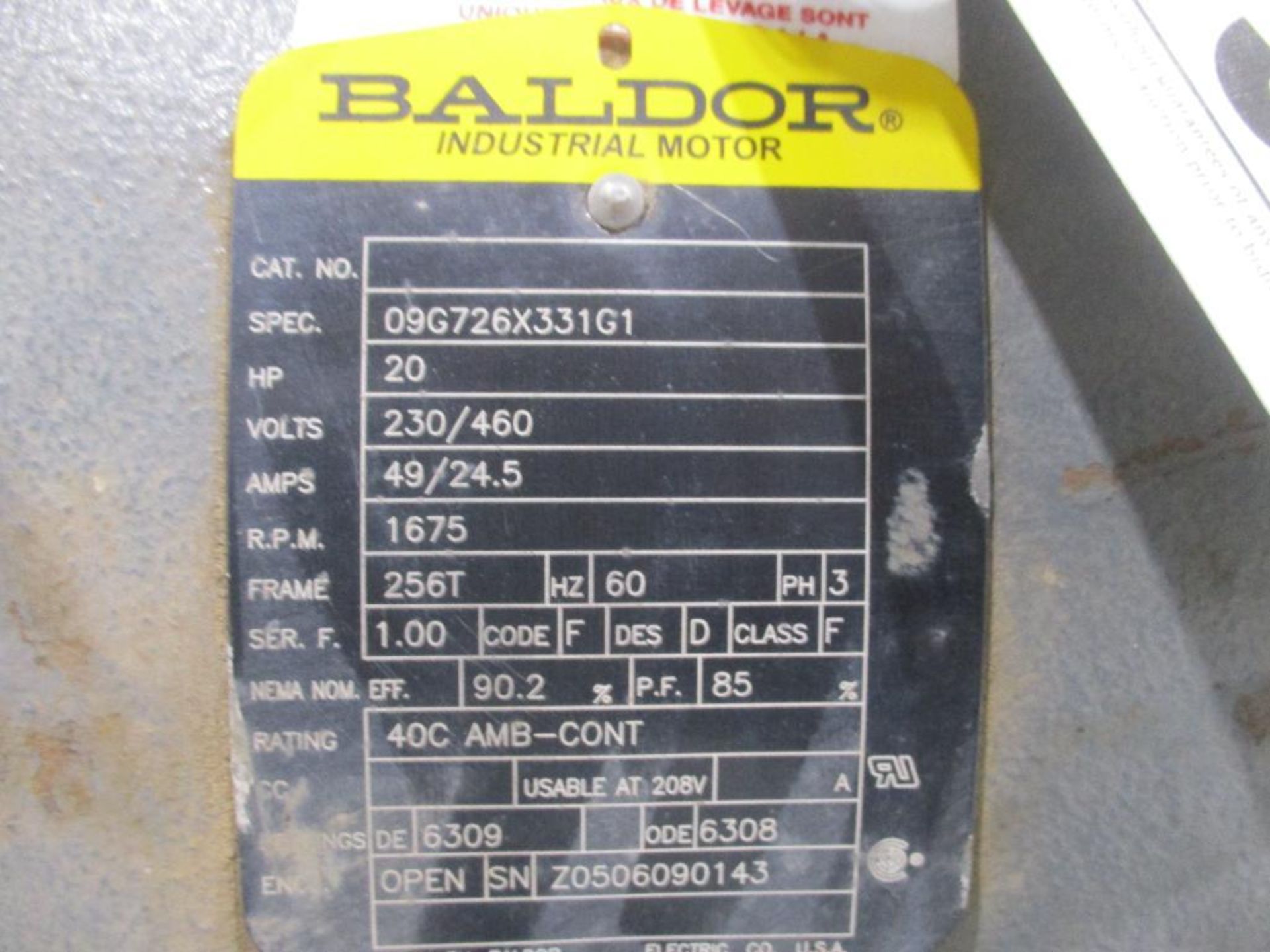 BALDOR 3 PHASE 20HP 1675RPM 256T FRAME A/C MOTOR P/N 09G726X331G1, 417# lbs (There will be a $40 Rig - Image 5 of 5