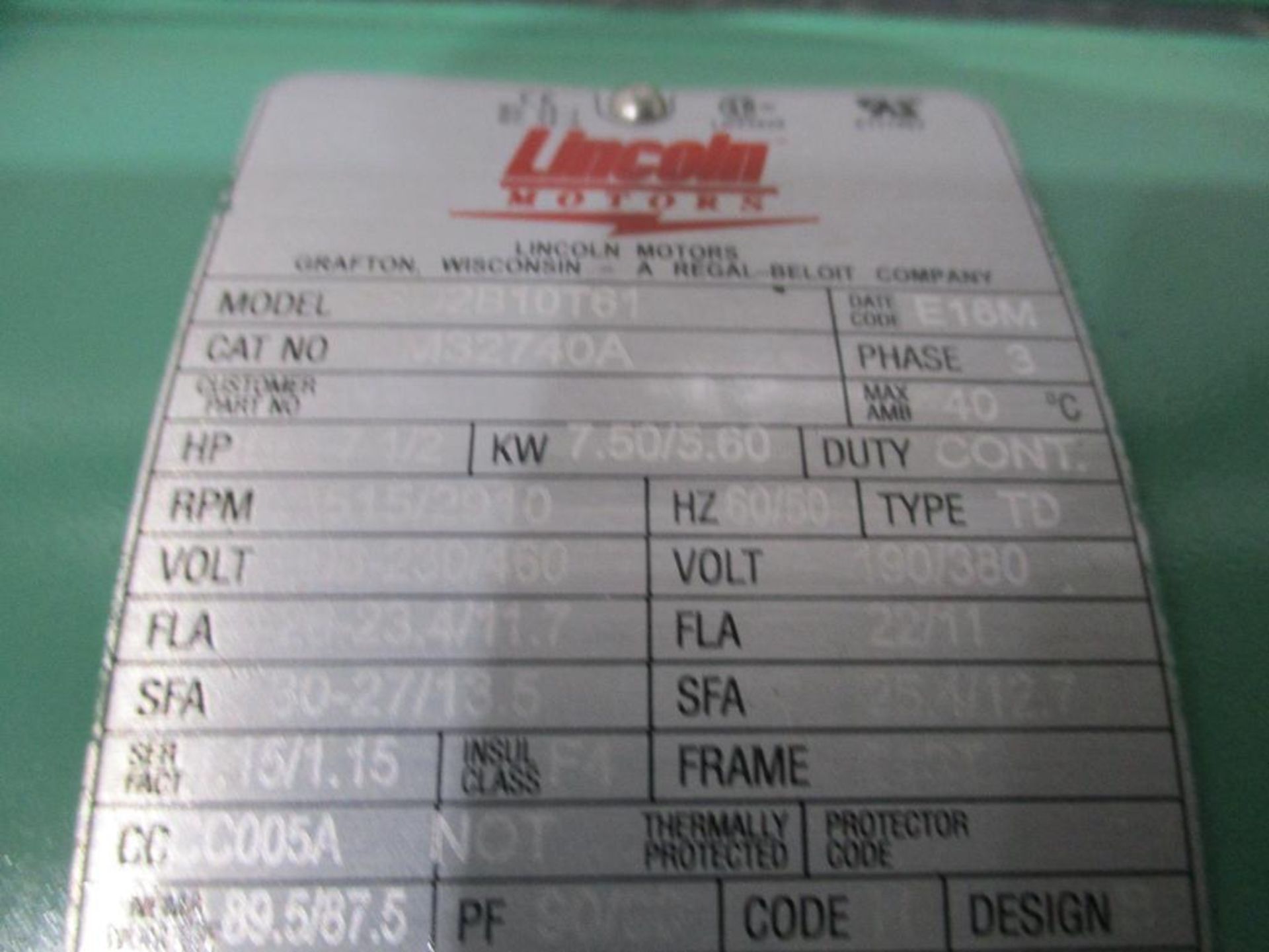 LINCLON MOTORS 3 PHASE 7 1/2HP 1515/2910RPM 213T FRAME A/C MOTOR P/N LM32740A, 103# lbs (There will - Image 5 of 5