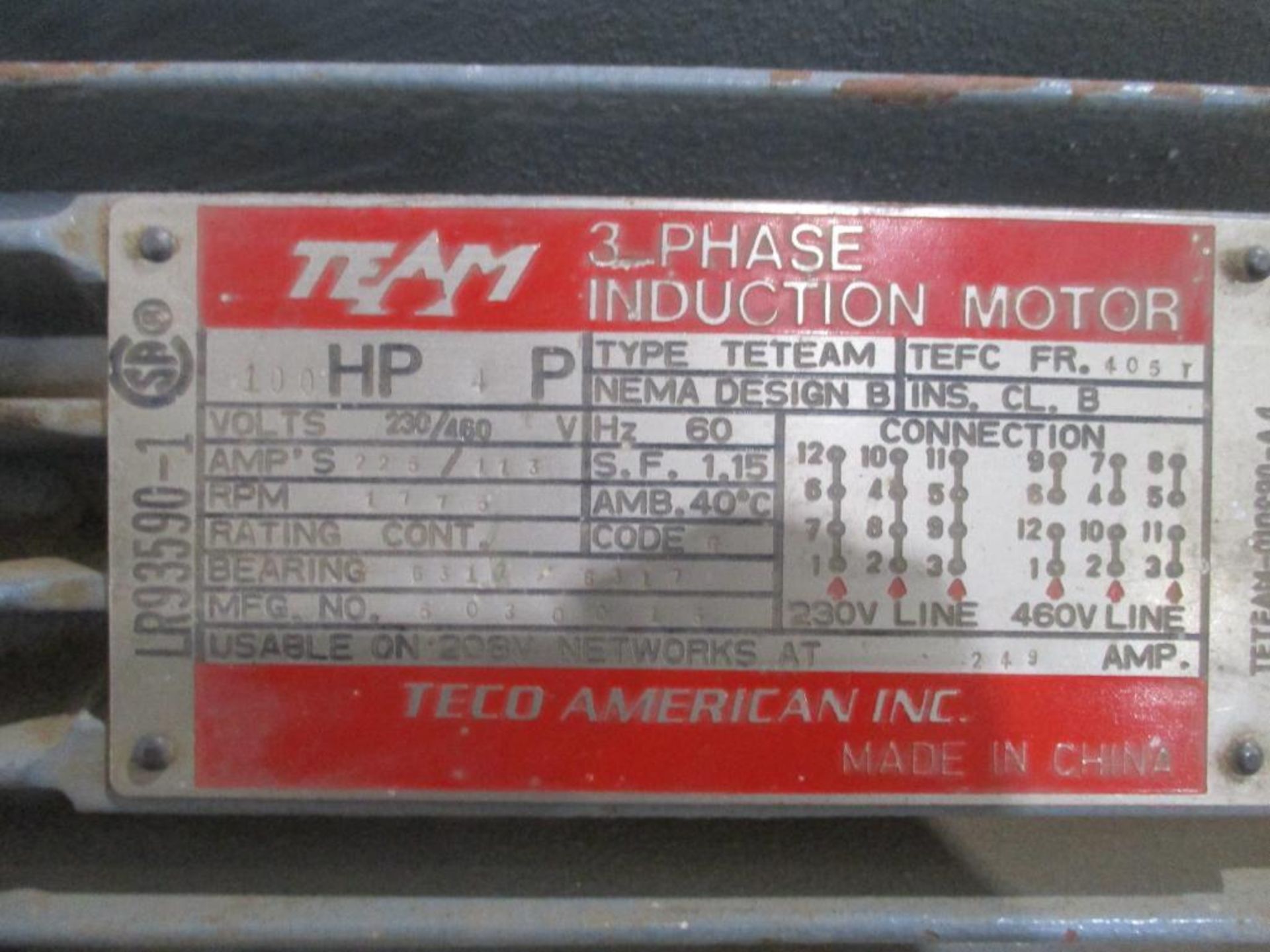 TECO AMERICAN 3 PHASE 100HP 1775RPM 405T FRAME A/C MOTOR P/N 5030015, 1057# lbs (There will be a $40 - Image 5 of 5