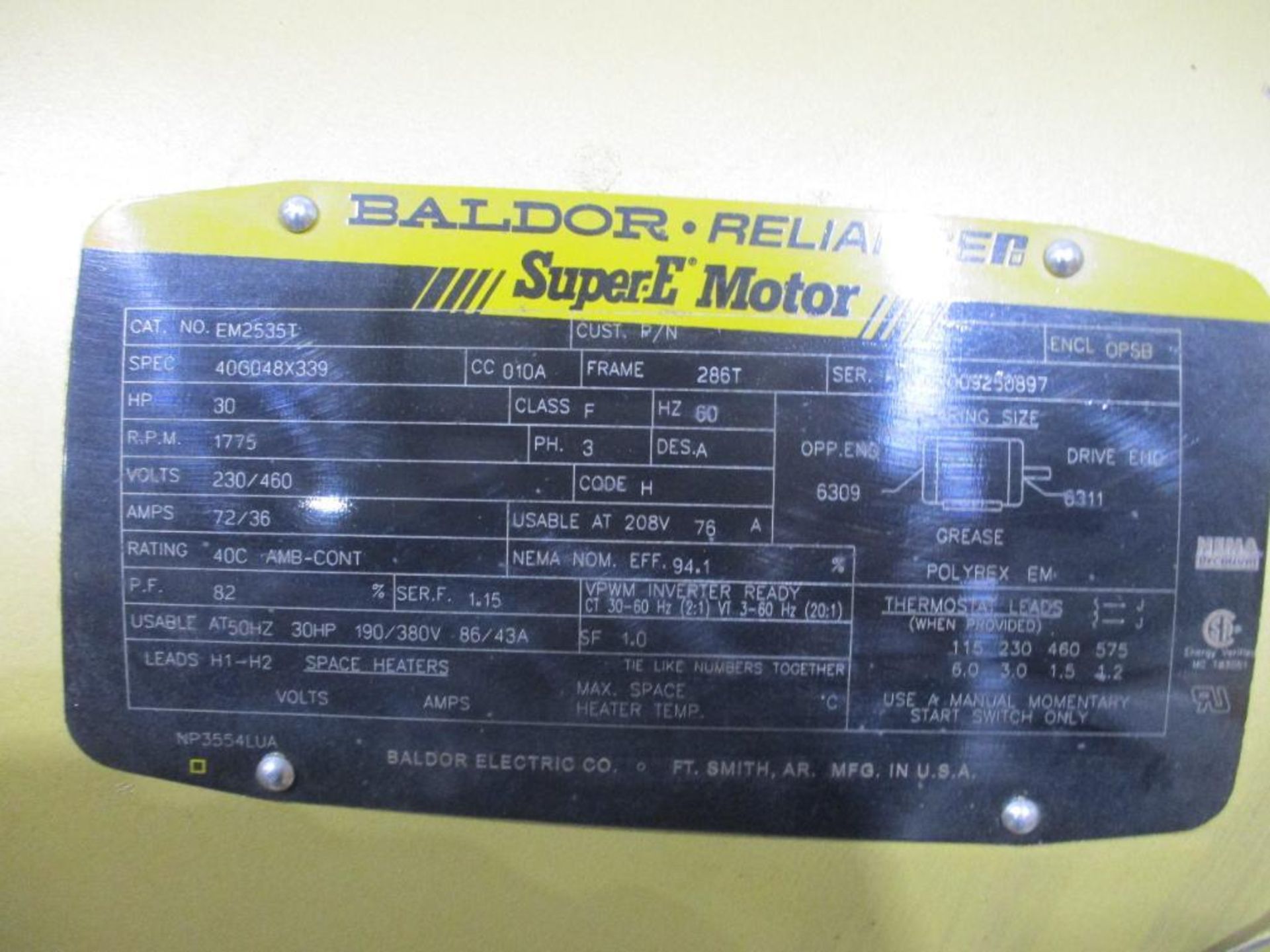 BALDOR 3 PHASE 30HP 1775RPM 286T FRAME A/C MOTOR P/N EM2535T, 360# lbs (There will be a $40 Rigging/ - Image 5 of 5