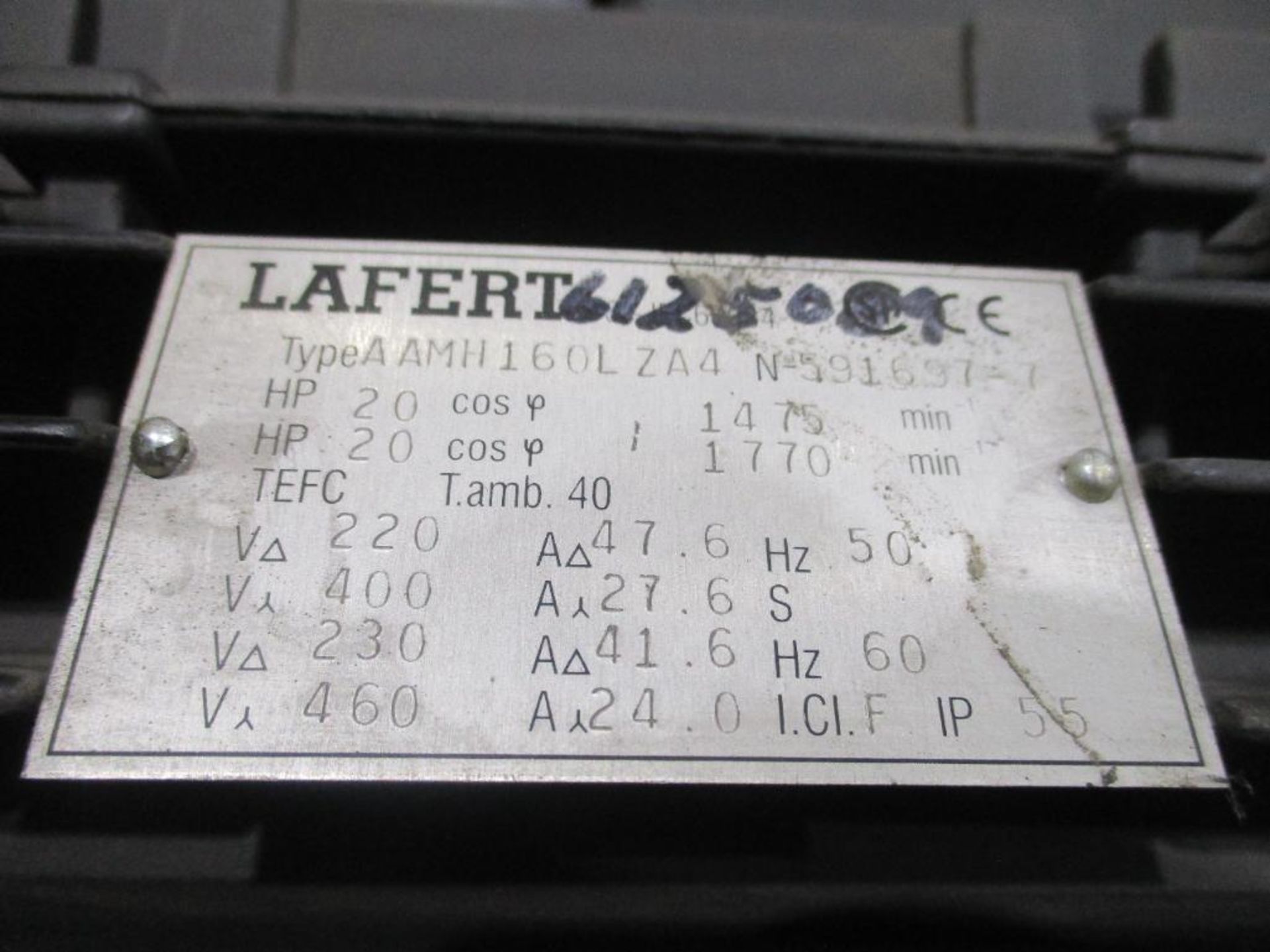 LAFERT 20HP 1475-1770RPM A/C MOTOR P/N AAMH160LZA4, 287# lbs (There will be a $40 Rigging/Prep fee a - Image 5 of 5