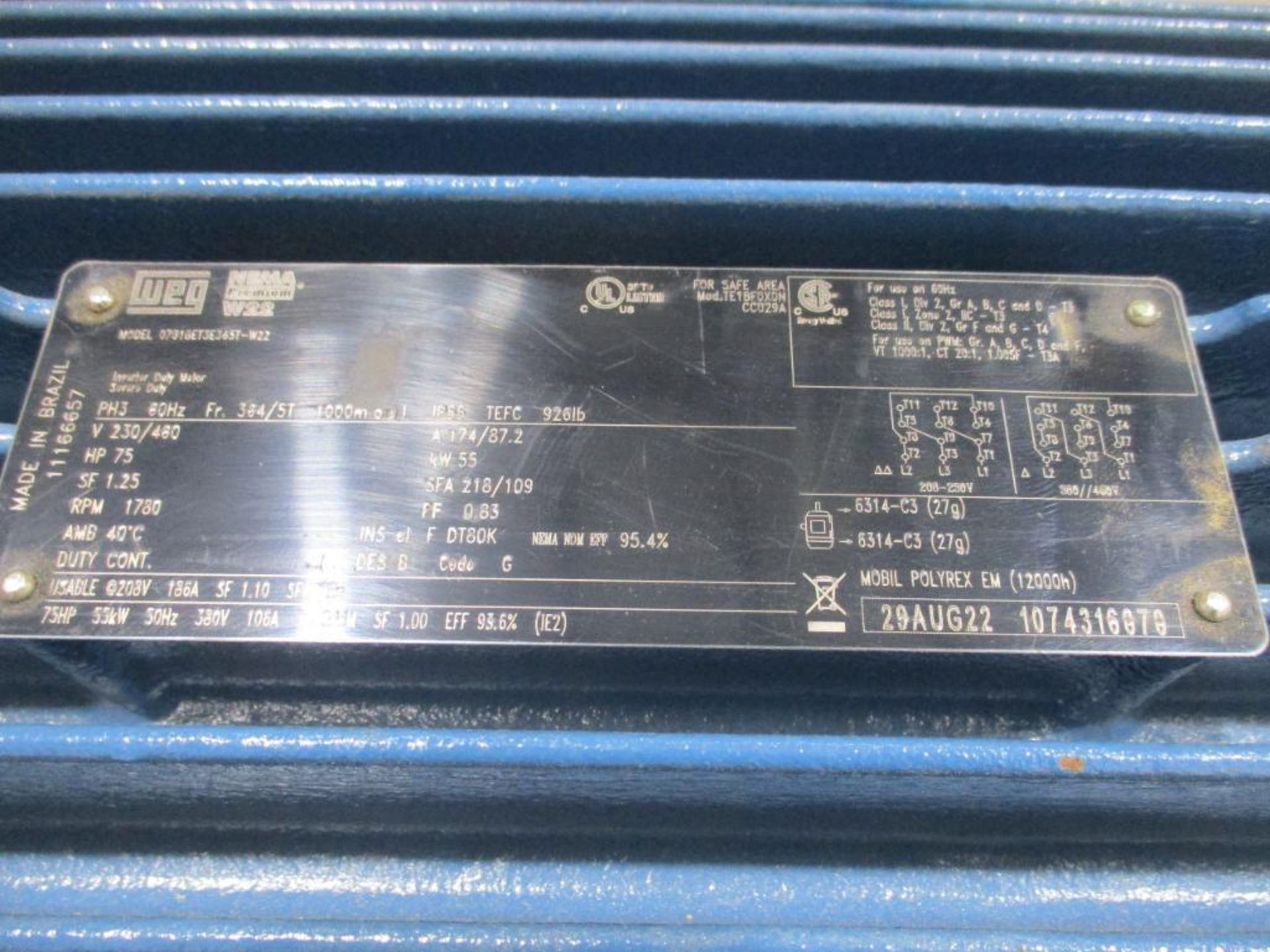 WEG 3 PHASE 75HP 1780RPM 364/5T FRAME A/C MOTOR P/N 07818ET3E365T-W22, 932# lbs (There will be a $40 - Image 5 of 5