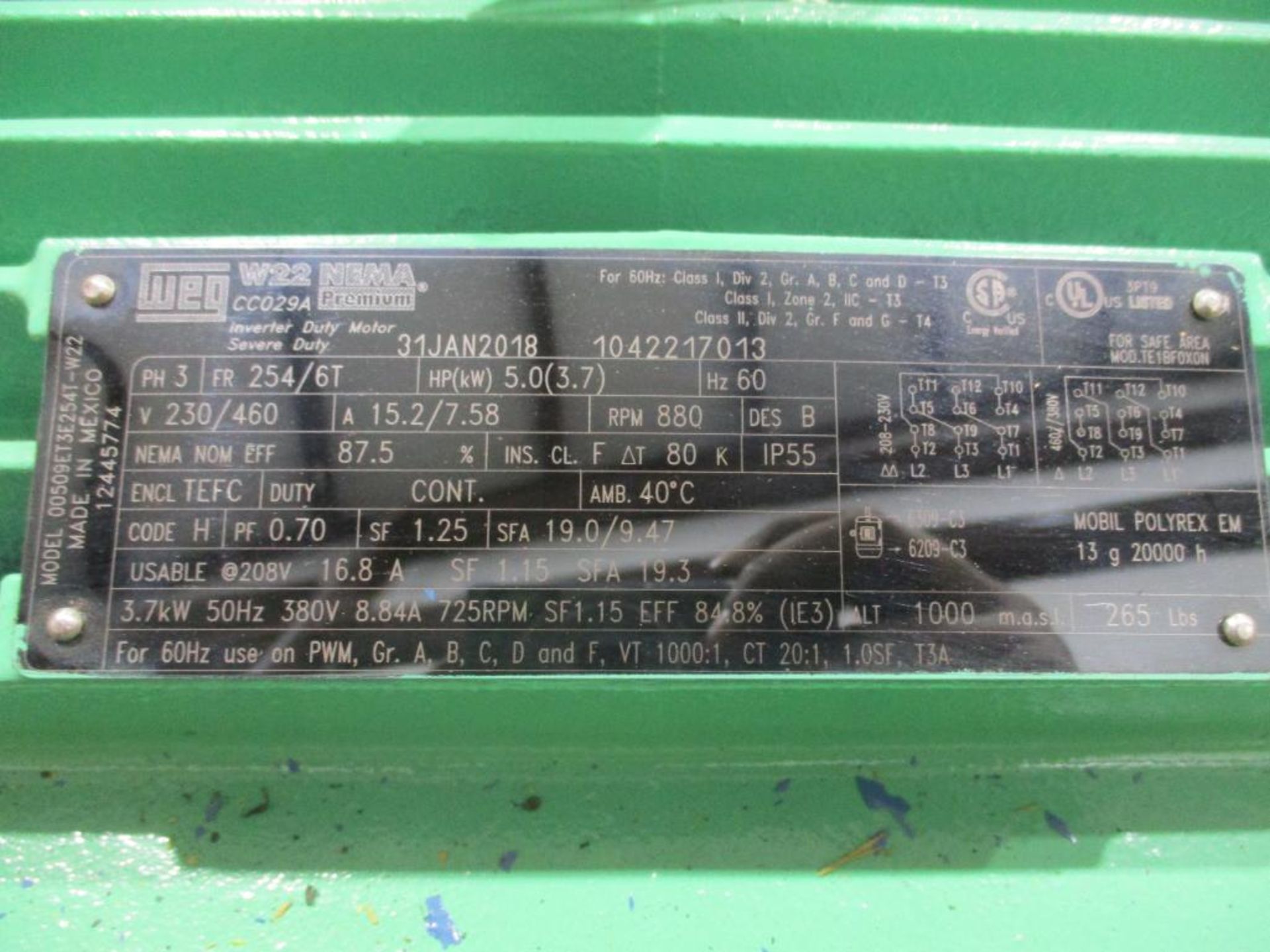 WEG 3 PHASE 5HP 880RPM 254/6T FRAME A/C MOTOR P/N 12445774, 311# lbs (There will be a $40 Rigging/Pr - Image 4 of 5