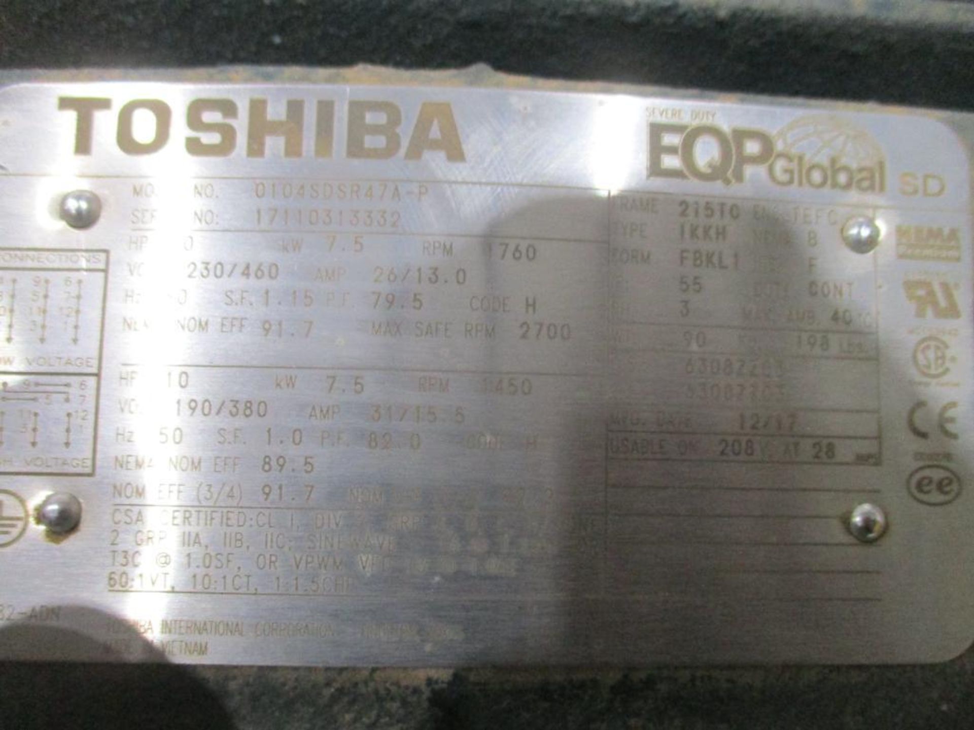 TOSHIBA 3 PHASE 10HP 1450-1760RPM 215TC FRAME A/C MOTOR P/N 0104SDSR47A-P, 194# lbs (There will be a - Image 5 of 5