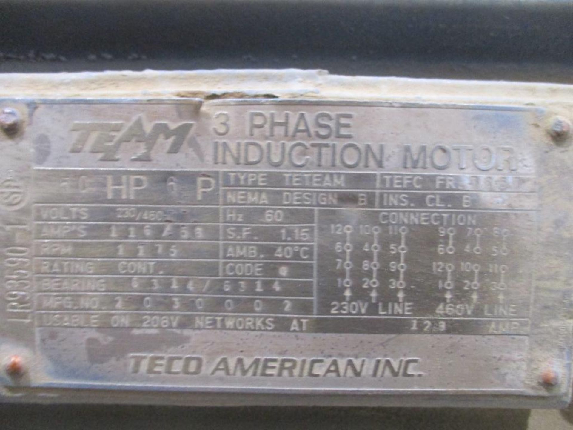 TECO AMERICAN 3 PHASE 50HP 1175RPM 465T FRAME A/C MOTOR P/N 2030002, 727# lbs (There will be a $40 R - Image 5 of 5