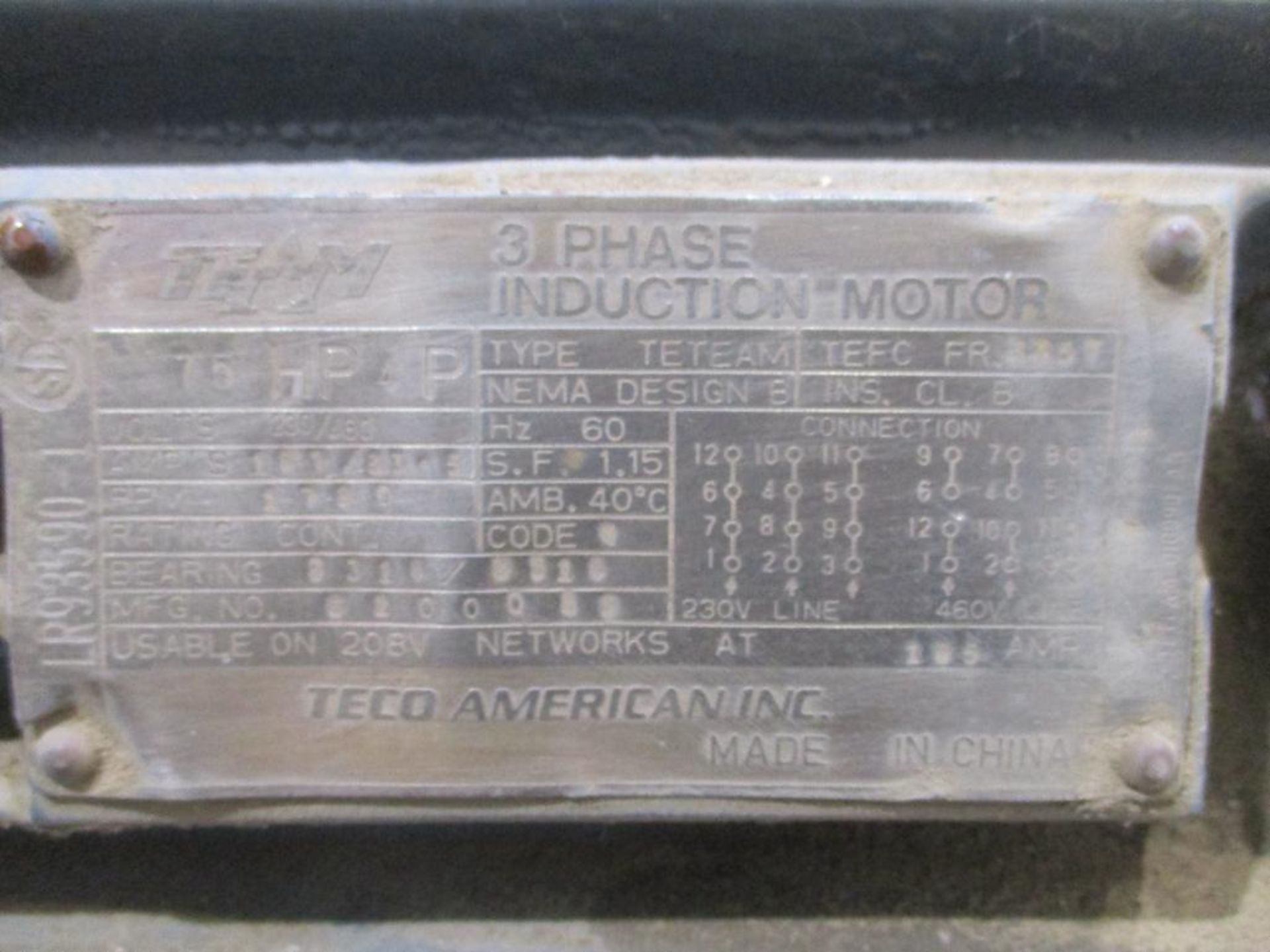 TECO AMERICA 3 PHASE 75HP 1780RPM 325T FRAME A/C MOTOR P/N 520005S, 773# lbs (There will be a $40 Ri - Image 4 of 4
