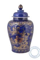 A RARE CHINESE EXPORT POWDER BLUE AND GILT ‘HUNTING' VASE & COVER, QING DYNASTY, LATE KANGXI PERIOD