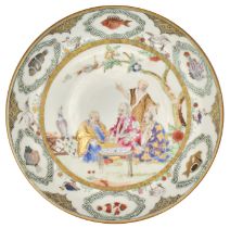 A CHINESE EXPORT ‘FAMILLE-ROSE’ PORCELAIN ‘DOCTORS VISIT’ SAUCER DISH, QIANLONG PERIOD, CIRCA 1740