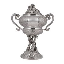 ‘THE CELESTIAL CUP’: A FINE AND IMPRESSIVE CHINESE EXPORT SILVER ‘DRAGON’ CUP AND COVER, DATED 1864