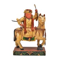A CHINESE POLYCHROME AND GILTWOOD EQUESTRIAN FIGURE OF JIANG JIN