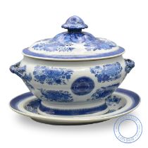 A LARGE PAIR OF CHINESE EXPORT BLUE AND WHITE ‘FITZHUGH’ TUREENS, COVERS & STANDS, CIRCA 1790 - 1800