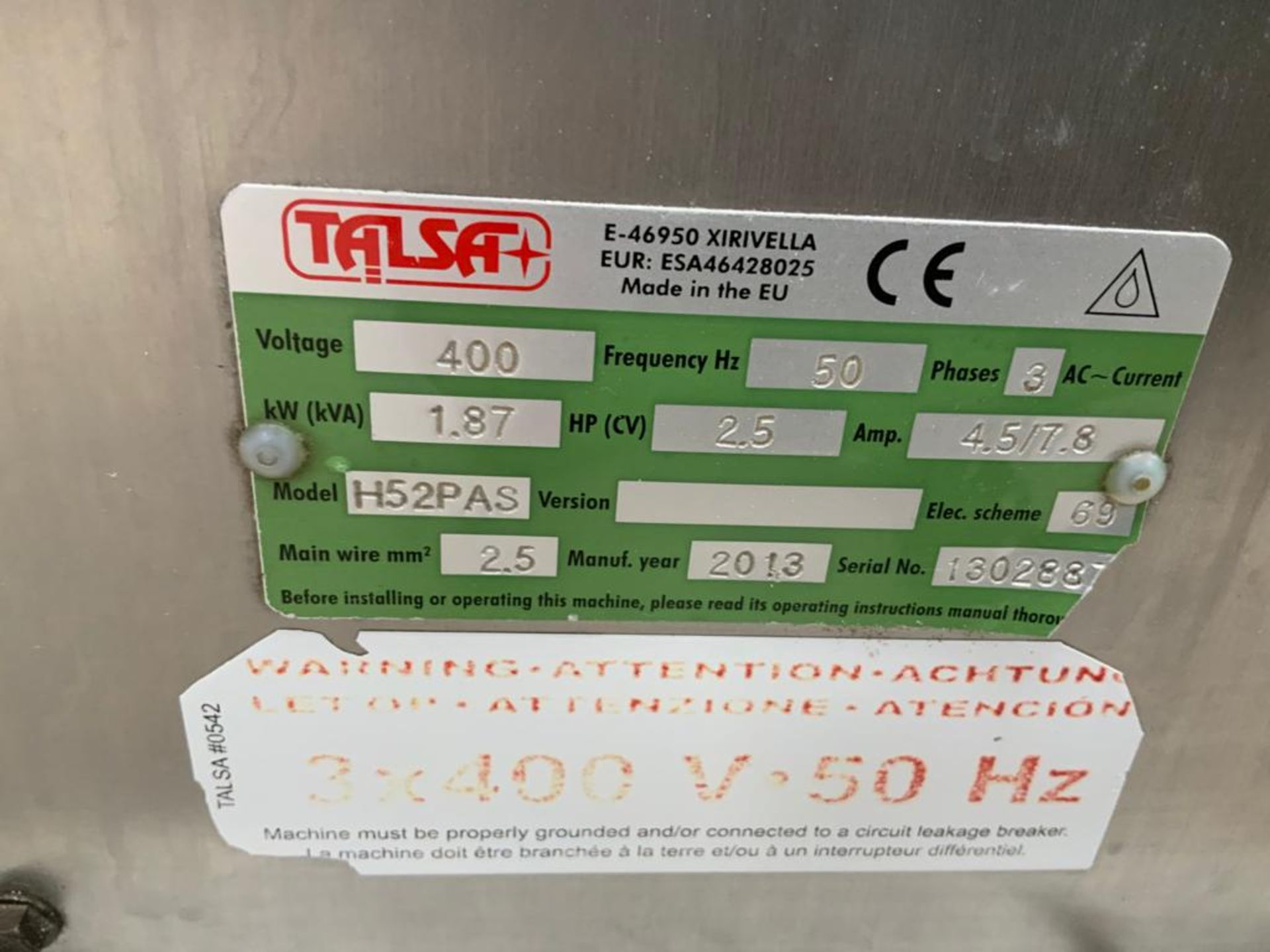 TALSA 52 LITRE SAUSAGE FILLER HYDRAULIC  3 PHASE  STAINLESS STEEL  2013 LOCATION N.IRELAND  SHIPPING - Image 3 of 9