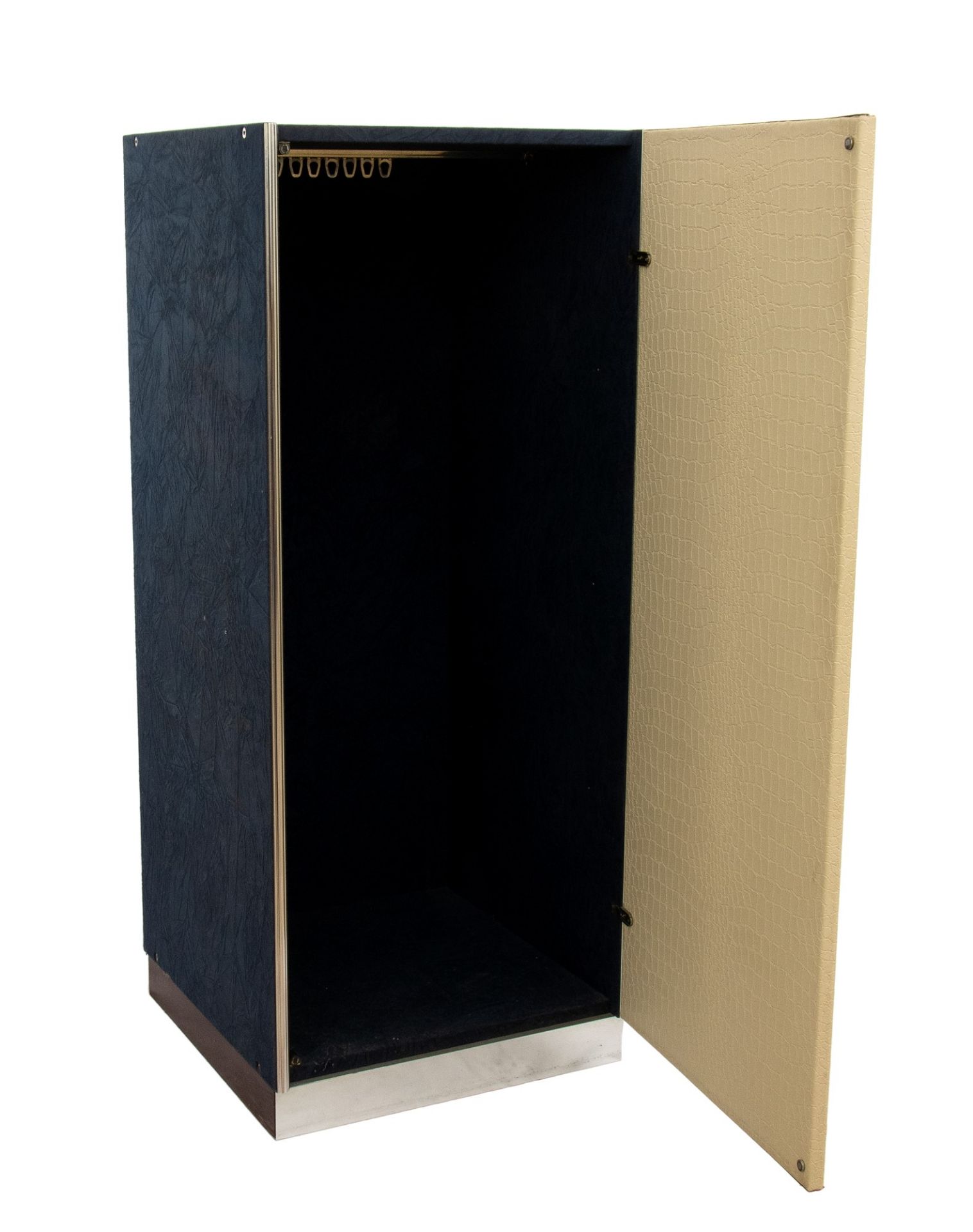 Guido Faleschini 4 modules wooden wardrobe covered in blue suede and white leather. Steel handles - Image 6 of 11