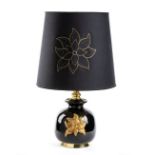 Cenacchi ceramic table lamp, Molinella. Black ceramic body with gold flower