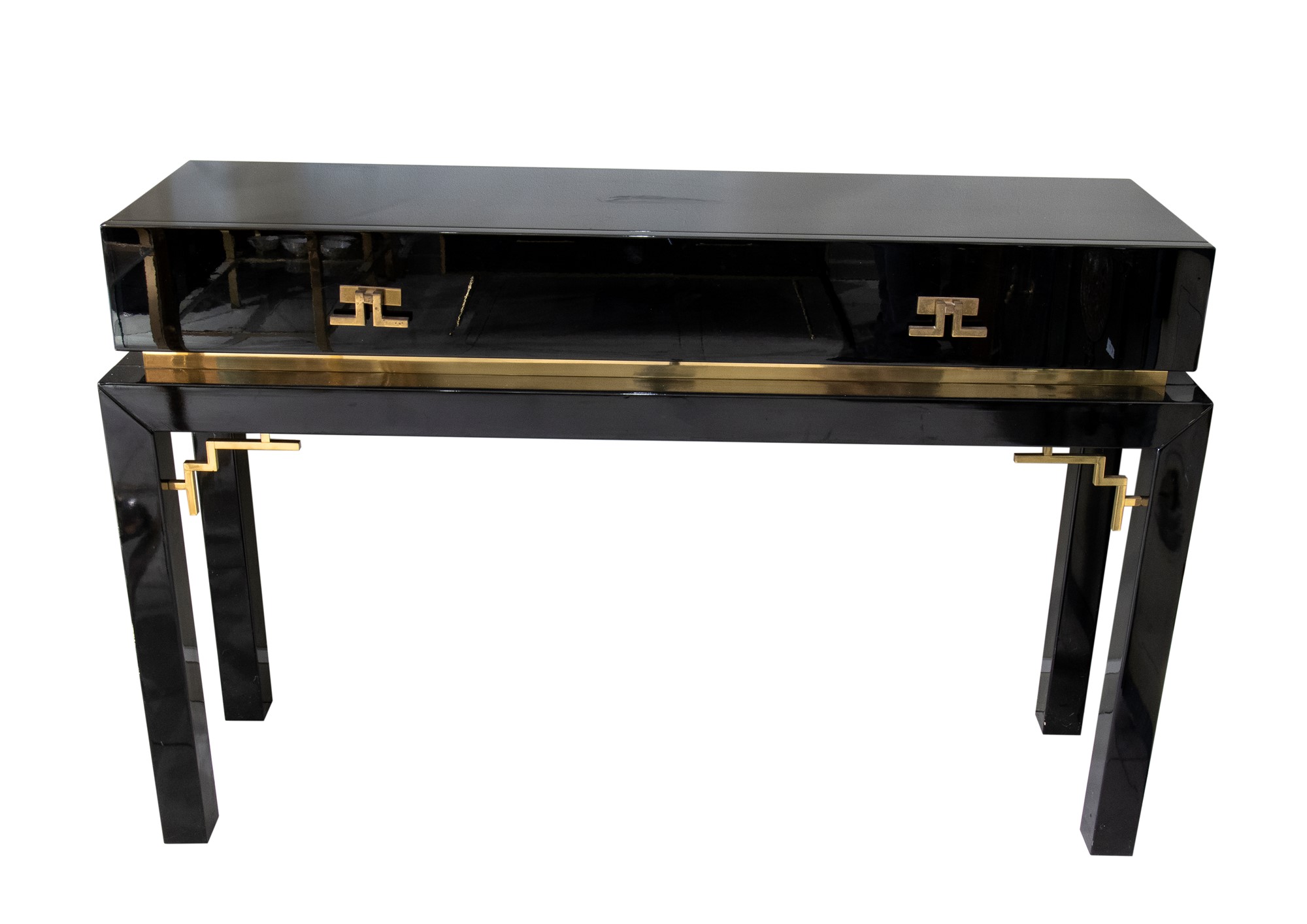Console in lacquered wood and brass with two drawers on the front