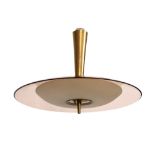 Max Ingrand Model 1462 pendant lamp made with brushed brass structure and diffuser in curved and co