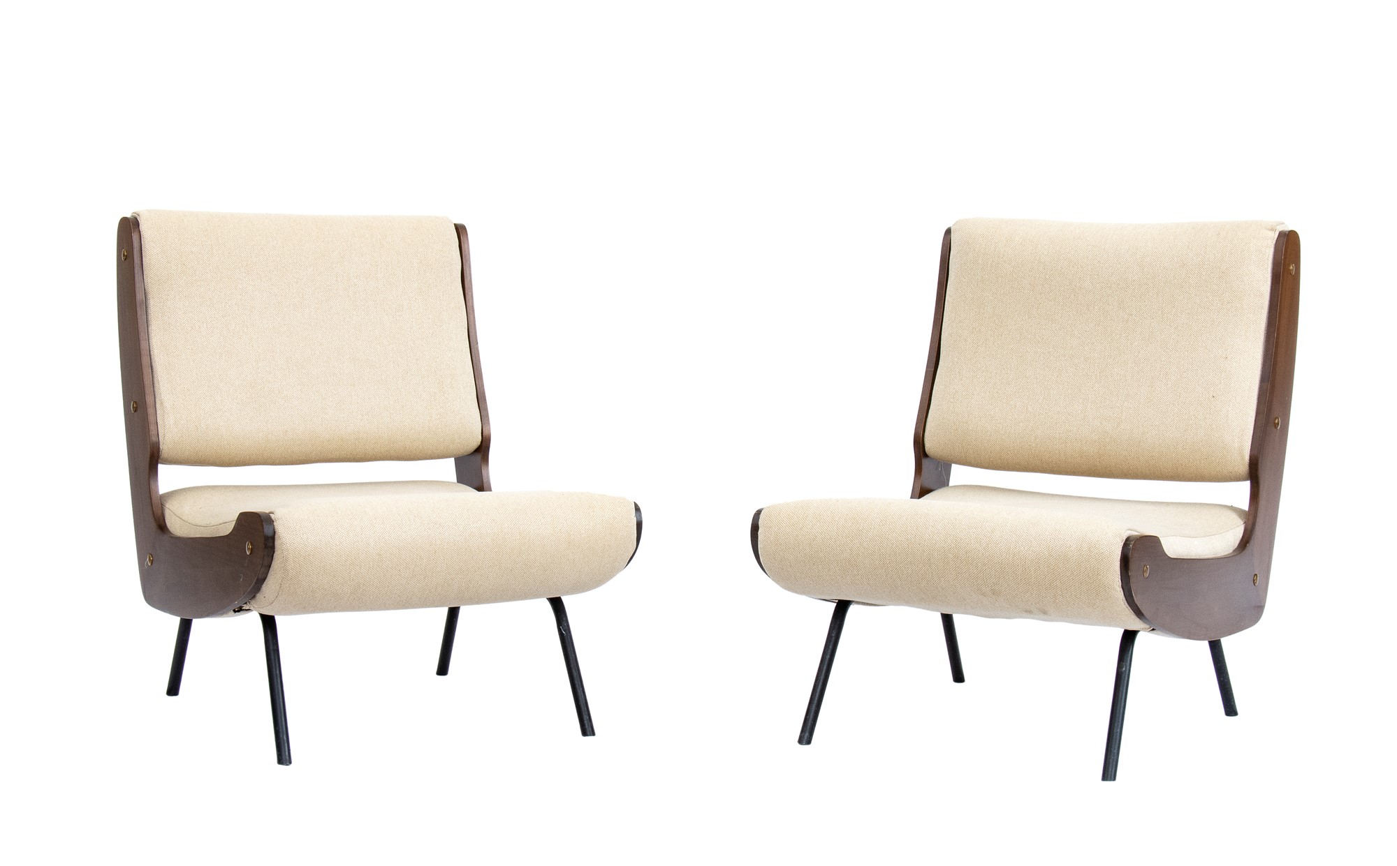 Gianfranco Frattini  Pair of armchairs mod. 863 with wooden and metal structure and brass details by