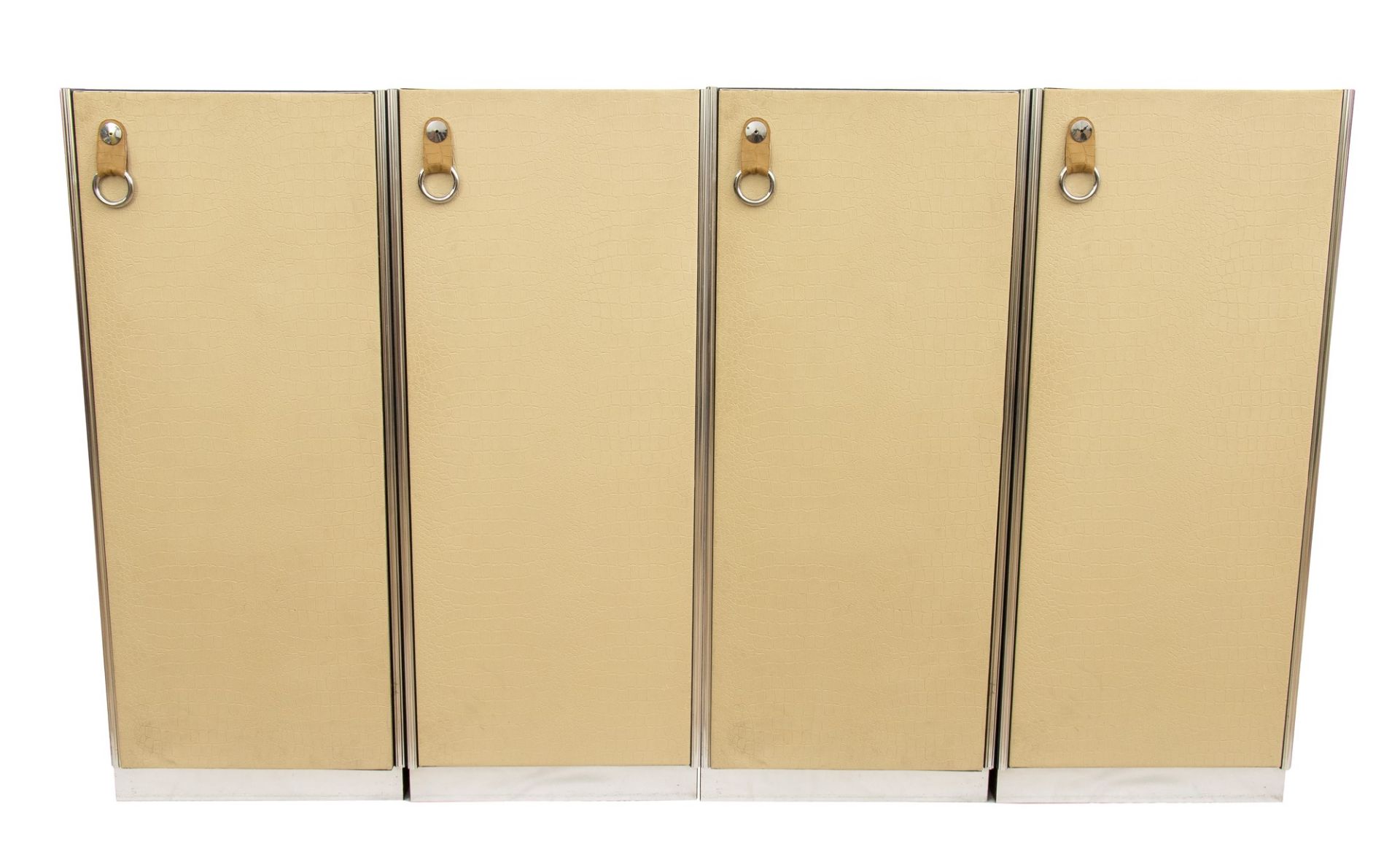 Guido Faleschini 4 modules wooden wardrobe covered in blue suede and white leather. Steel handles