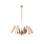 Brass and wood chandelier with cylindrical satin glass diffusers