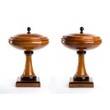 Pair of Biedermeier wooden vases with square base, round and flat shape and with lids.