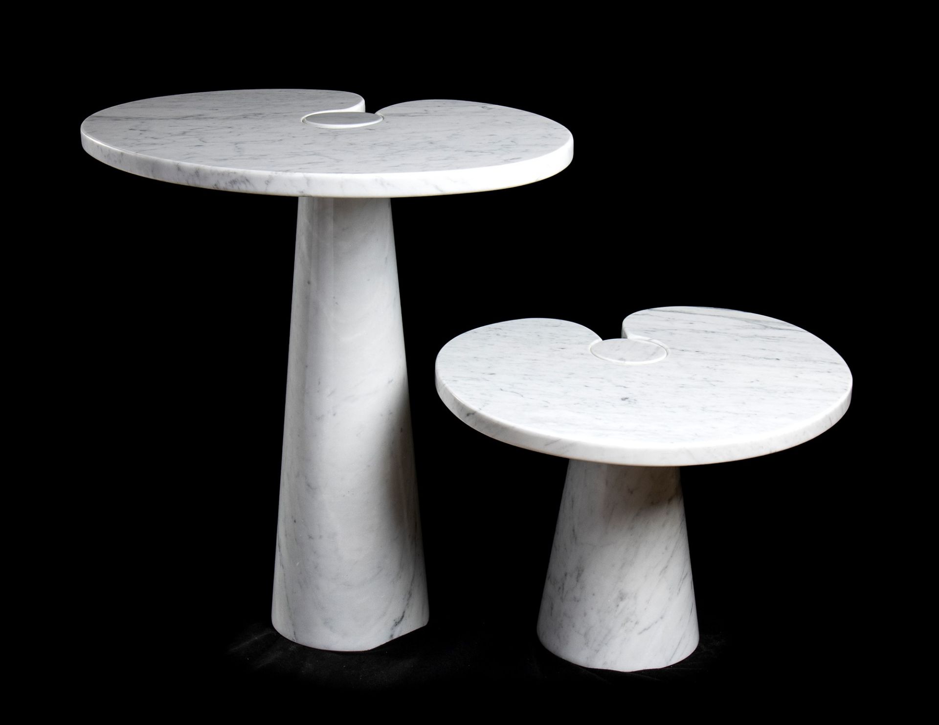 Angelo Mangiarotti Eros coffee tables with structures and tops in white Carrara marble