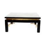 Pair of tables in black lacquered wood with brass inserts