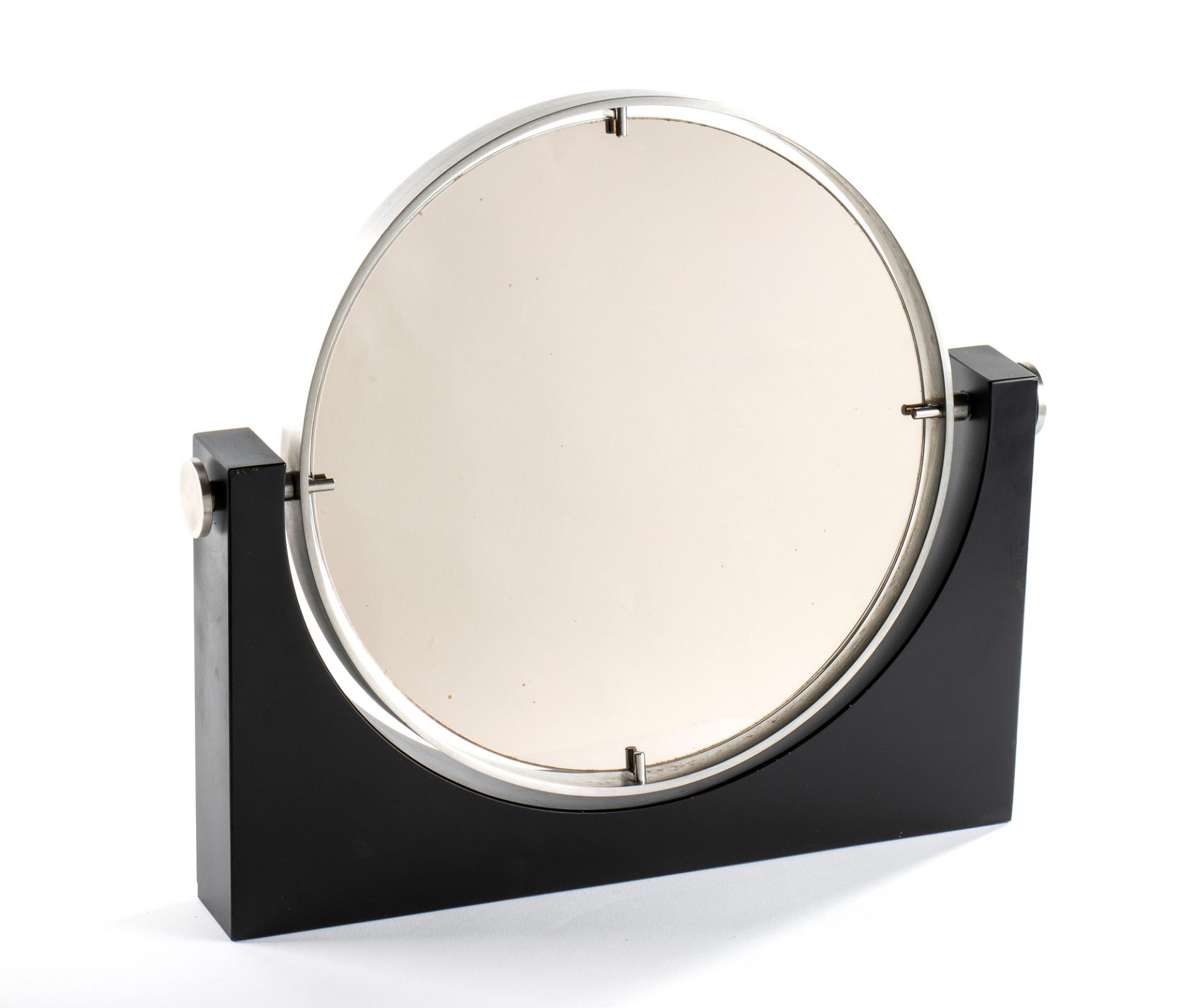 Angelo Mangiarotti Double table mirror with metal edge and slate base.