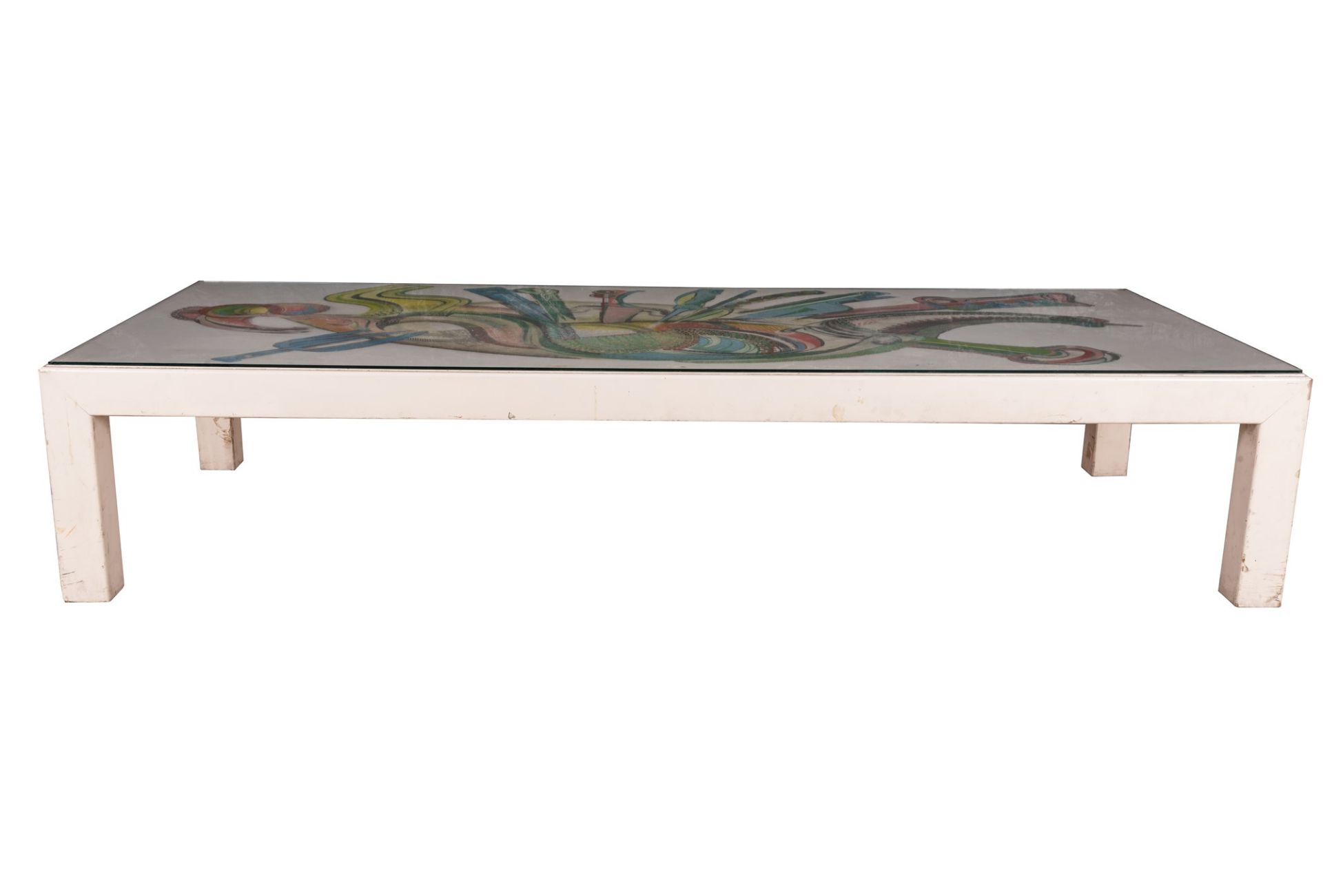 Long coffee table in painted wood with abstract decoration signed by Aurelio Ceccarelli