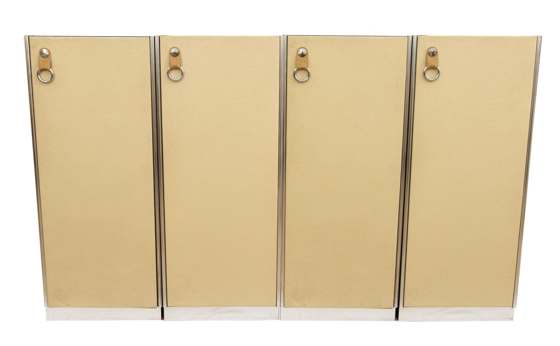 Guido Faleschini 4 modules wooden wardrobe covered in blue suede and white leather. Steel handles - Image 2 of 11