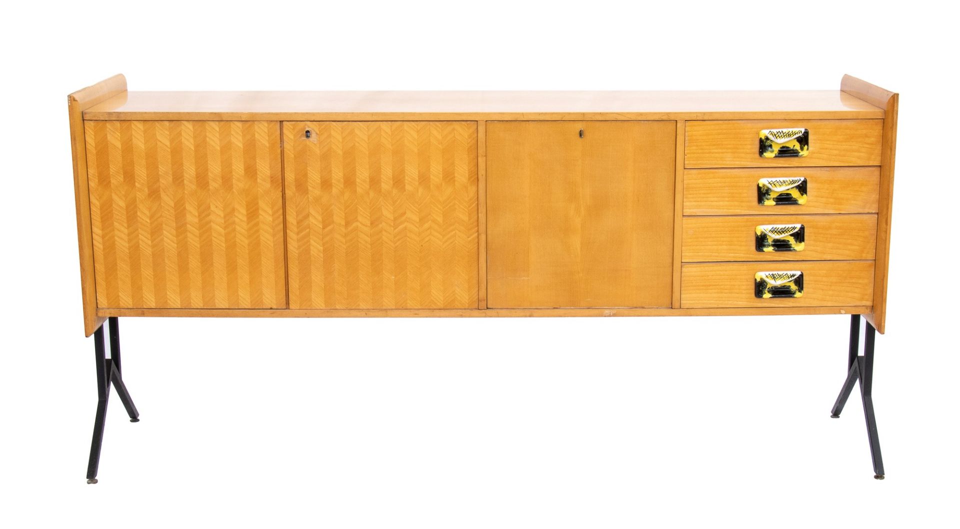 Rationalist sideboard in ash wood with three doors and four drawers on the front with ceramic hand