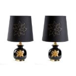 Pair of ceramic table lamps Cenacchi, Molinella. Black ceramic body with gold flower