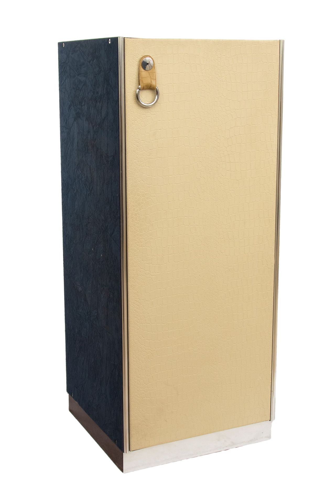 Guido Faleschini 4 modules wooden wardrobe covered in blue suede and white leather. Steel handles - Image 5 of 11