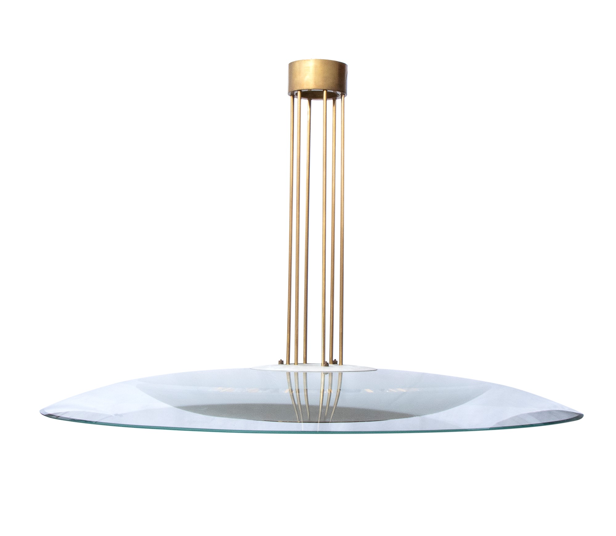 Max Ingrand Ceiling lamp mod. 1498 with brass structure, satin glass screen and crystal cup - Image 2 of 19