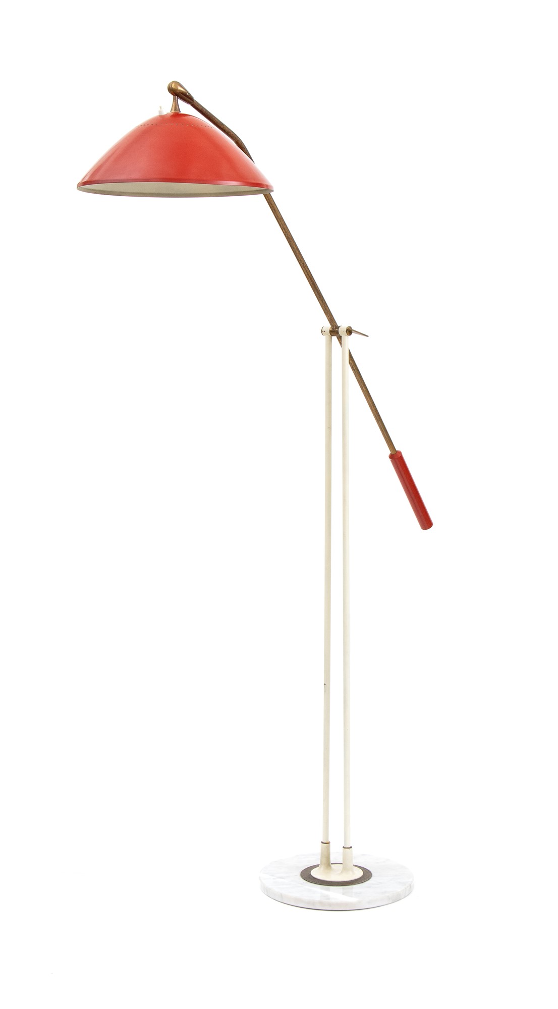 Floor lamp with white lacquered metal structure, lampshade and barbell in red lacquered metal. Mar