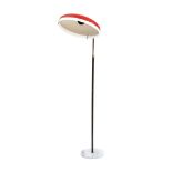 Stilnovo floor lamp with metal stem, brass and red painted metal diffuser.