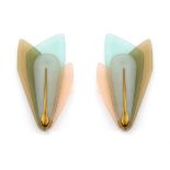 Max Ingrand Pairs of wall sconces made of brass structure, shaped colored and satin curved crystal