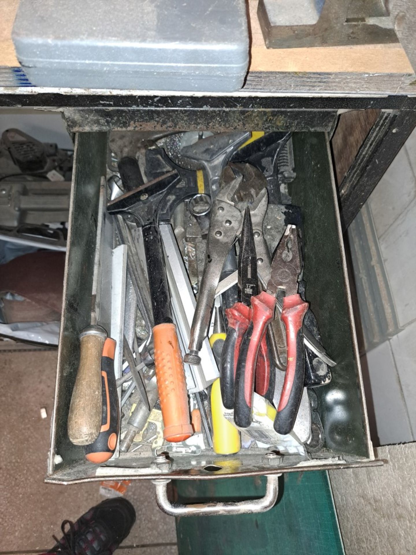 Tool Box with various Hand Tools - Files, Pliers, Hammers Etc.