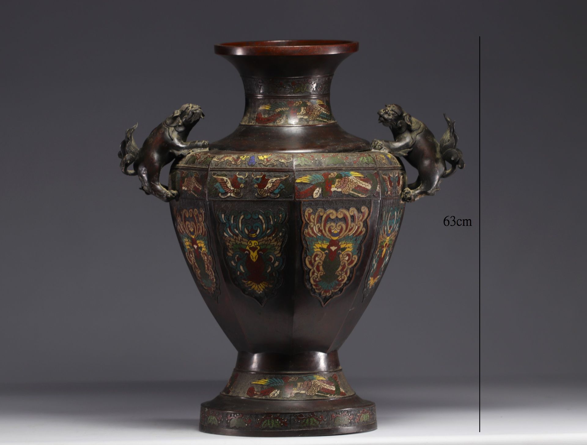 Imposing cloisonne bronze and champleve enamel vase, 19th century Japanese work. Mark in relief unde
