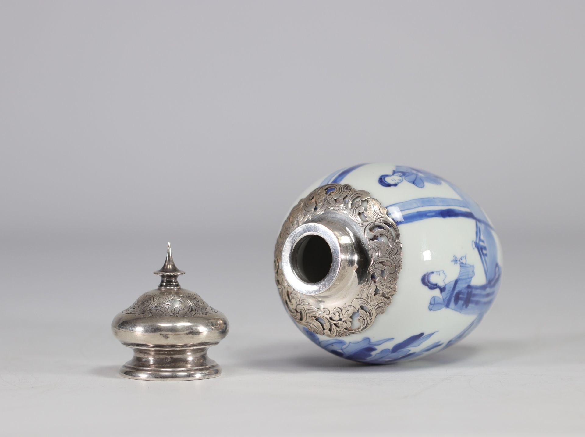 A white and blue vase decorated with women surmounted by a silver stopper with a mark under the piec - Image 4 of 6