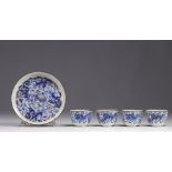Tea service with tray and 4 bowls in white and blue porcelain decorated with dogs