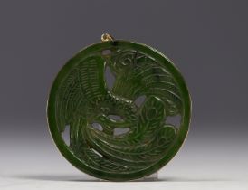 China - green jade pendant with Phoenix design, 14K gold mount, Qing period.