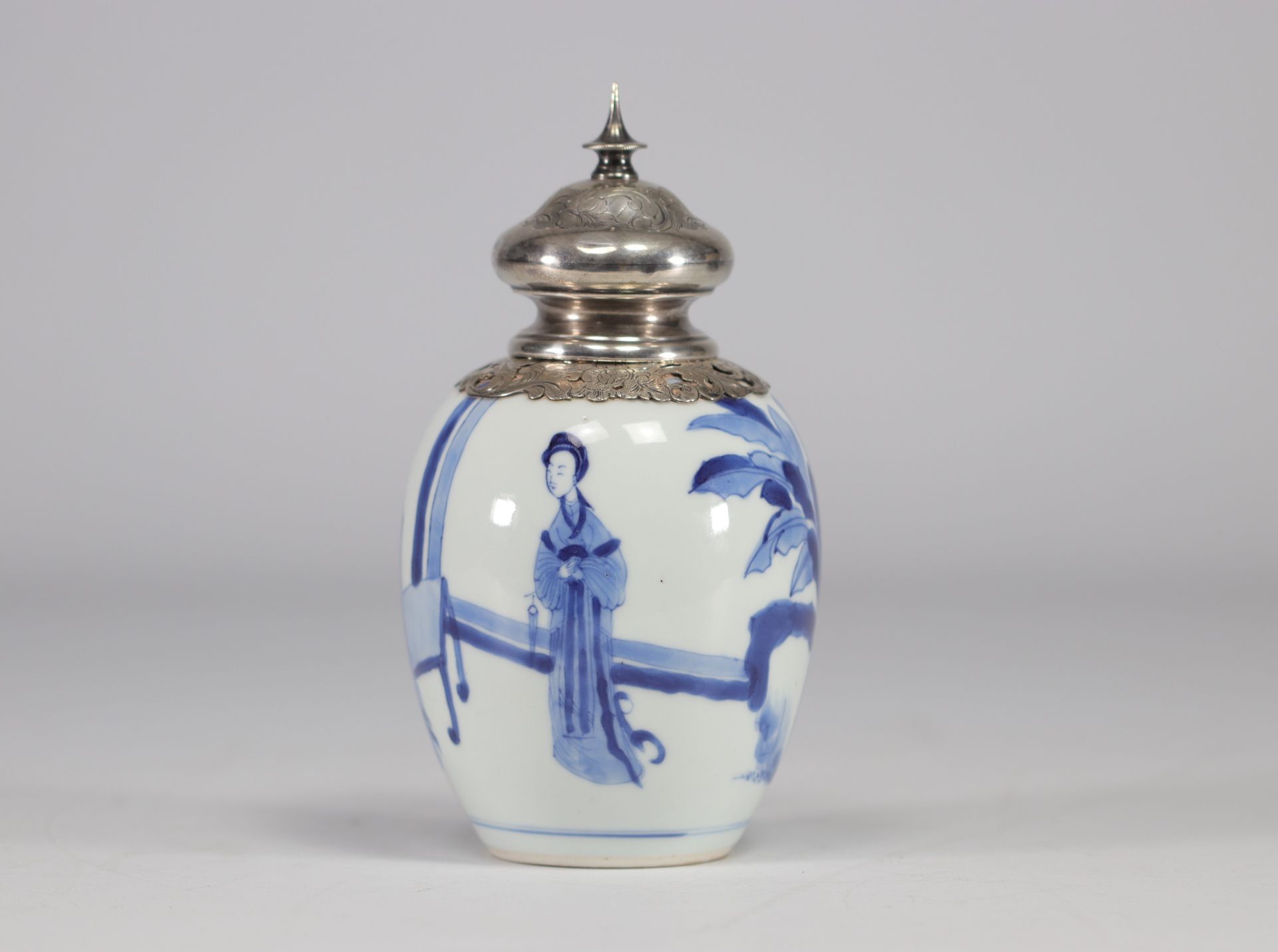 A white and blue vase decorated with women surmounted by a silver stopper with a mark under the piec - Image 6 of 6
