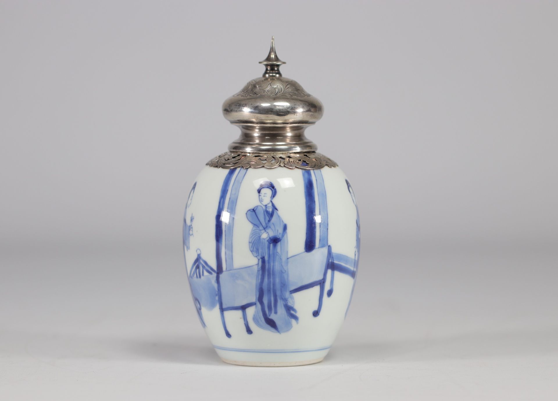 A white and blue vase decorated with women surmounted by a silver stopper with a mark under the piec - Image 3 of 6