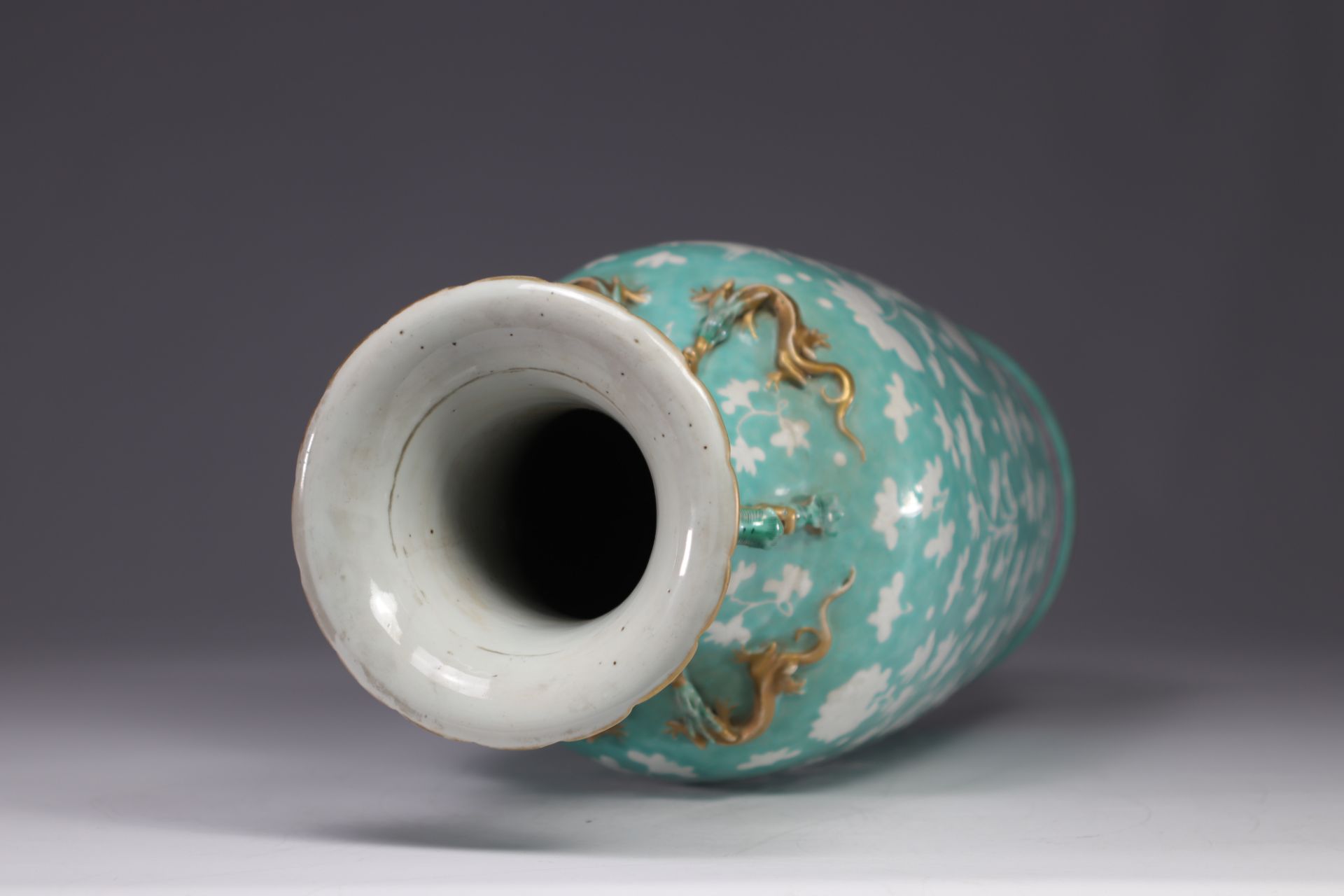 China - large porcelain vase decorated with flowers and birds, turquoise glaze, 19th century. - Image 5 of 6