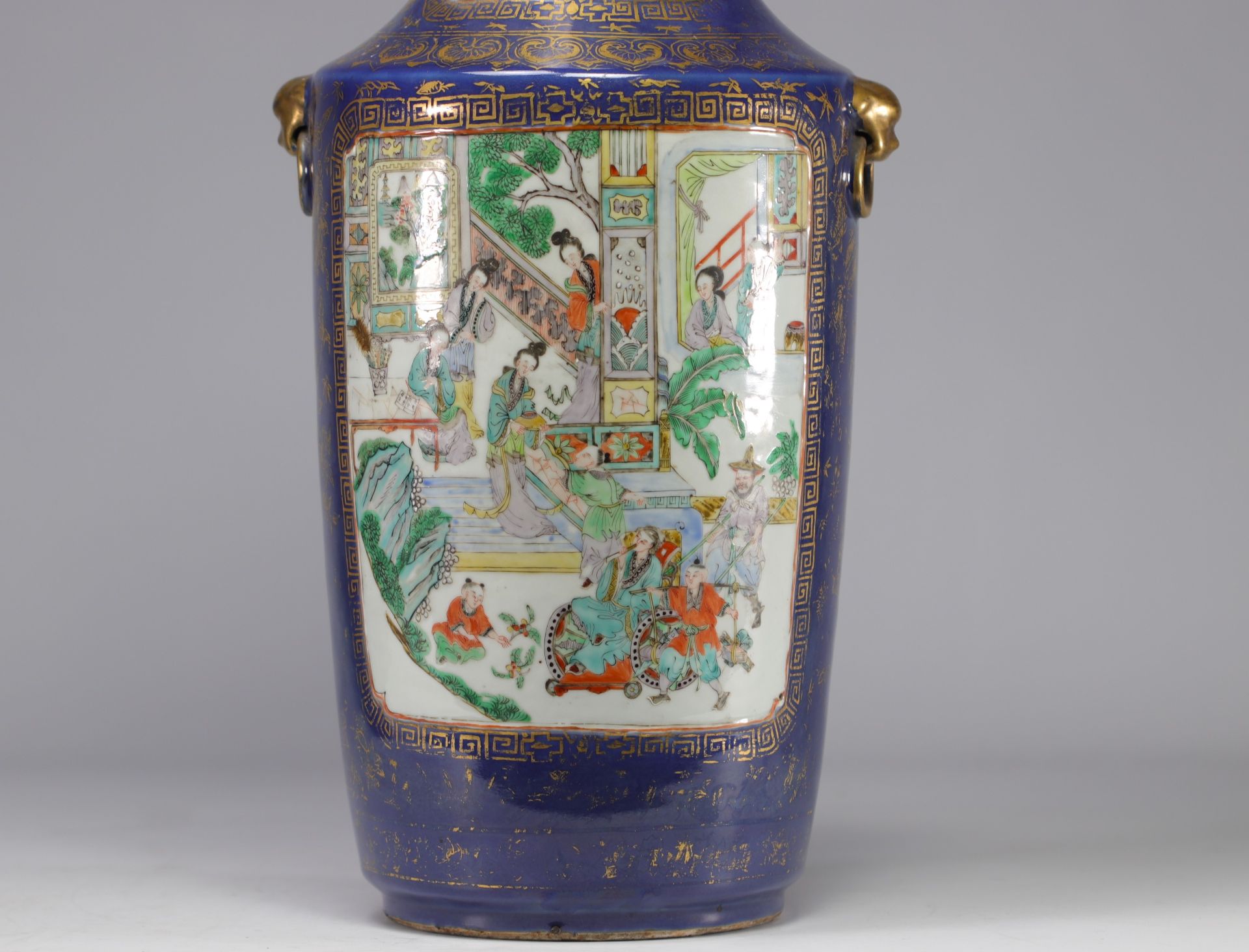 Large pair of blue powdered porcelain vases decorated with scenes of life from the 19th century - Image 8 of 11