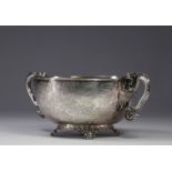 Hung Chong & Cie, large solid silver bowl with engraved landscape decoration, dragon-shaped handles.