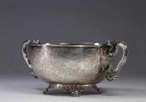 Hung Chong & Cie, large solid silver bowl with engraved landscape decoration, dragon-shaped handles.